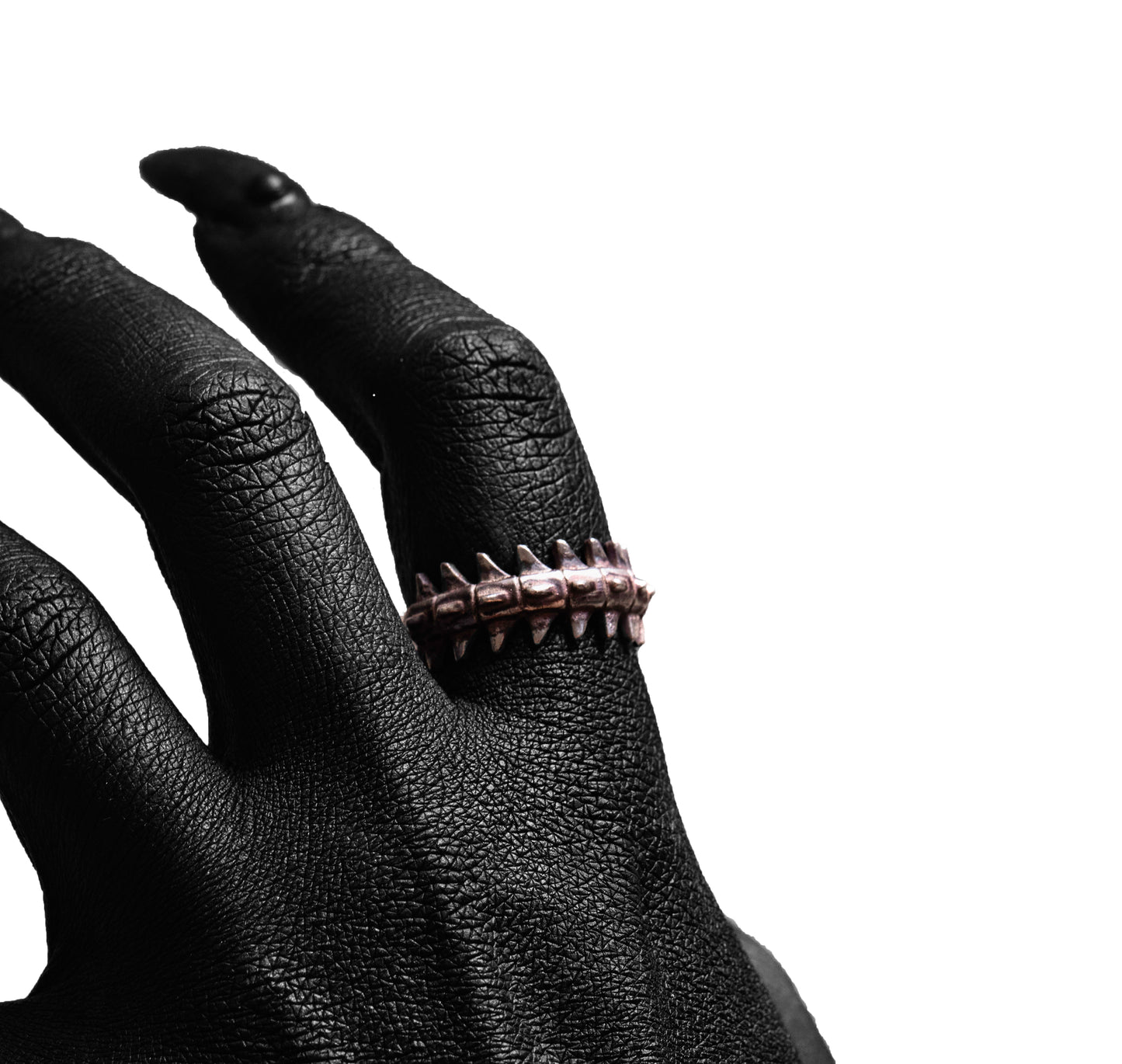 Styling view of the Backbone Ring by Sebamakes, sterling silver handcrafted anatomical ring inspired by bone and spine structure.