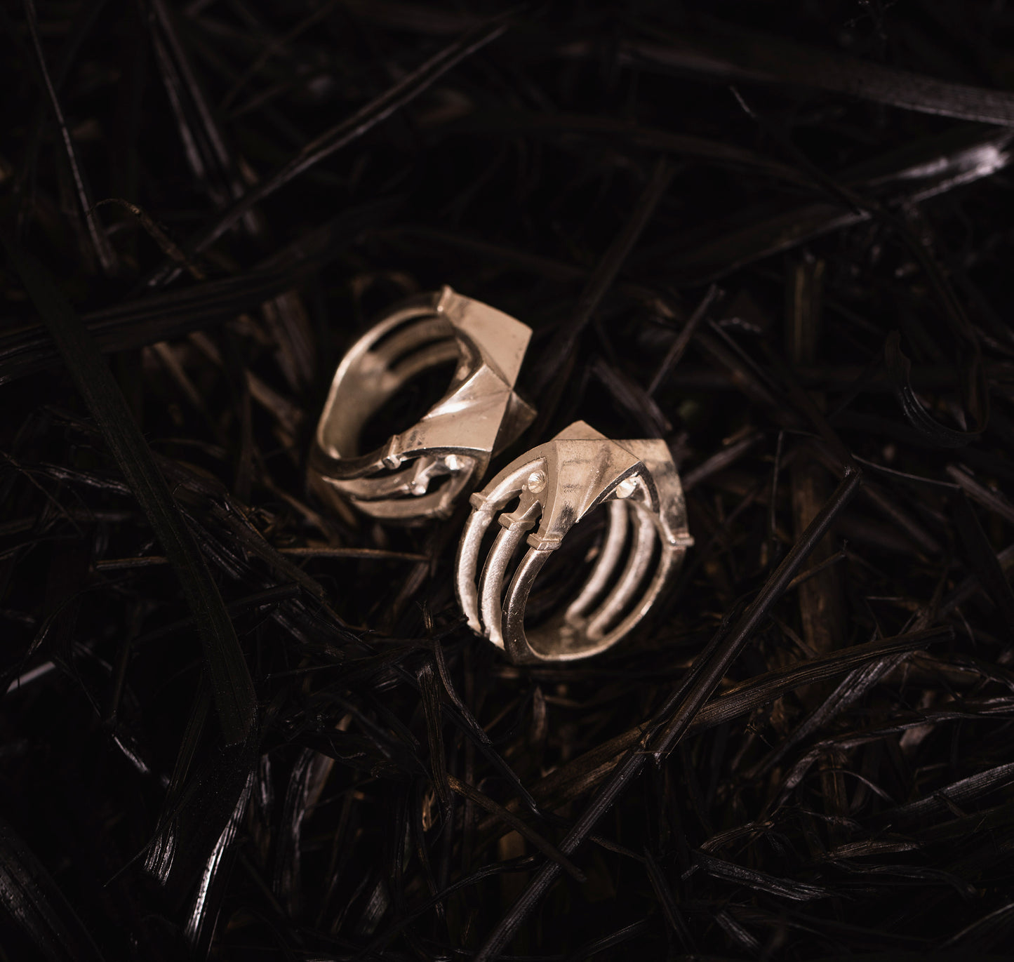 Cathedral Ring by Sebamakes on dark background, handcrafted sterling silver ring inspired by gothic architecture and sculptural Italian design.