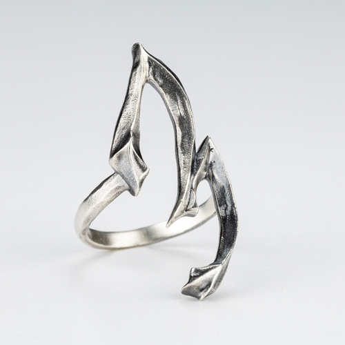 Front view of the gothic-style number 3 ring in sterling silver.