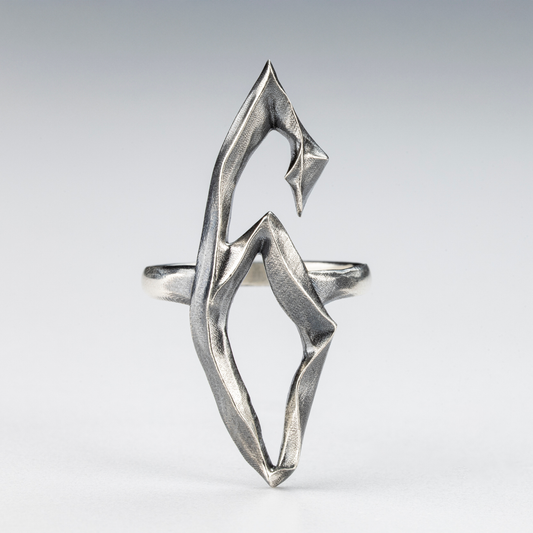  Front view of the handcrafted 6 Ring in 925 silver with gothic sculptural design.
