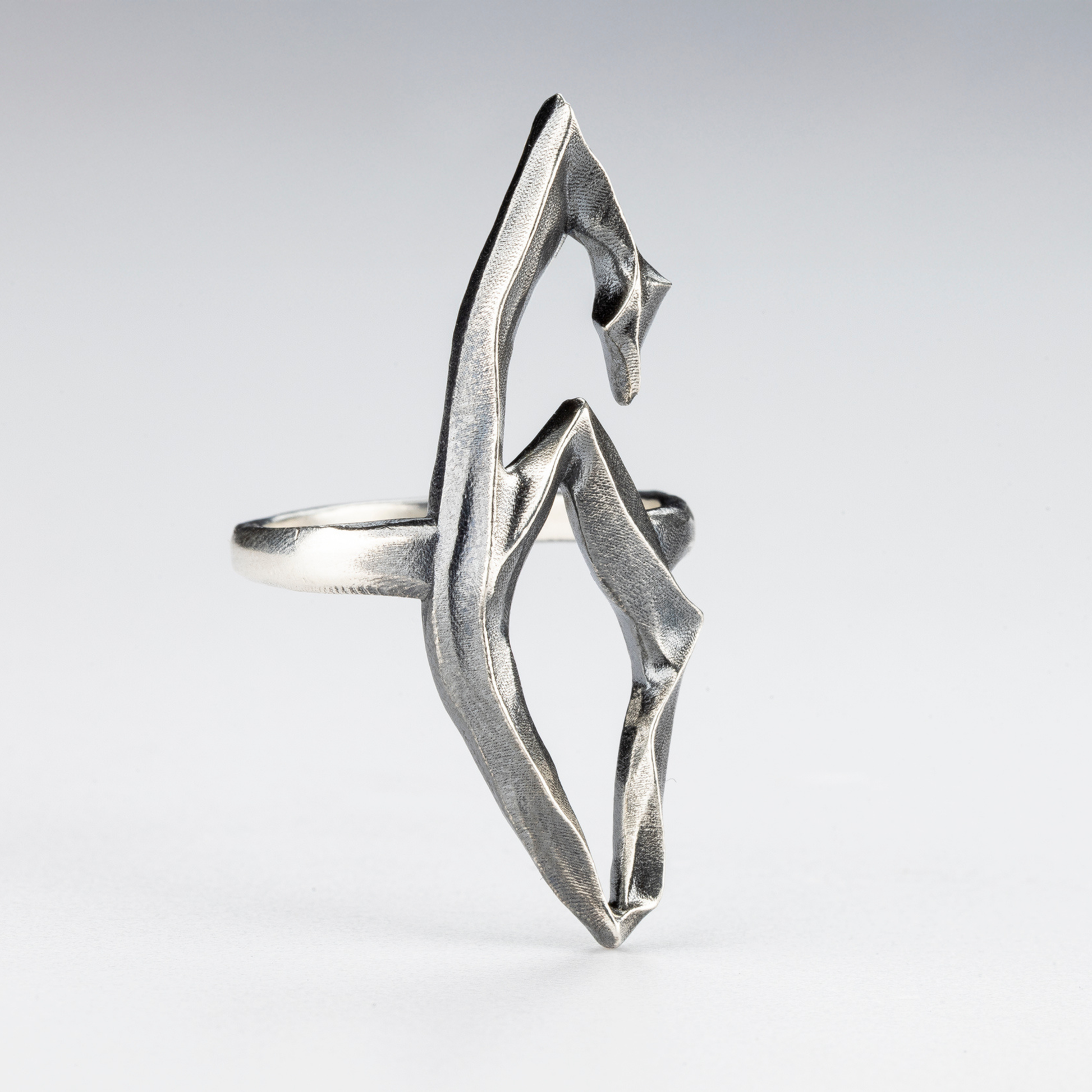 Side view of the Sebamakes 6 Ring showing the twisted architectural shape.