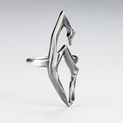 Side view of the Sebamakes 6 Ring showing the twisted architectural shape.