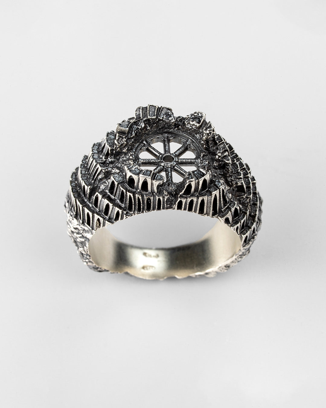 Top view of Babel Ring showing rosette opening and sculptural structure, inspired by gothic cathedrals and the Tower of Babel