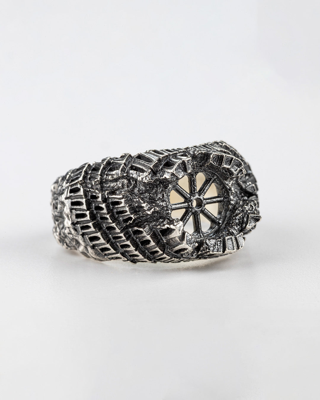 Underside of Babel Ring, handcrafted silver ring showing complex architectural cavities and gothic design details.