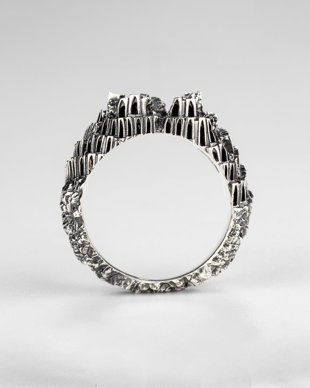 Babel Ring by Sebamakes, handcrafted silver architectural jewelry inspired by the Tower of Babel and gothic structures.