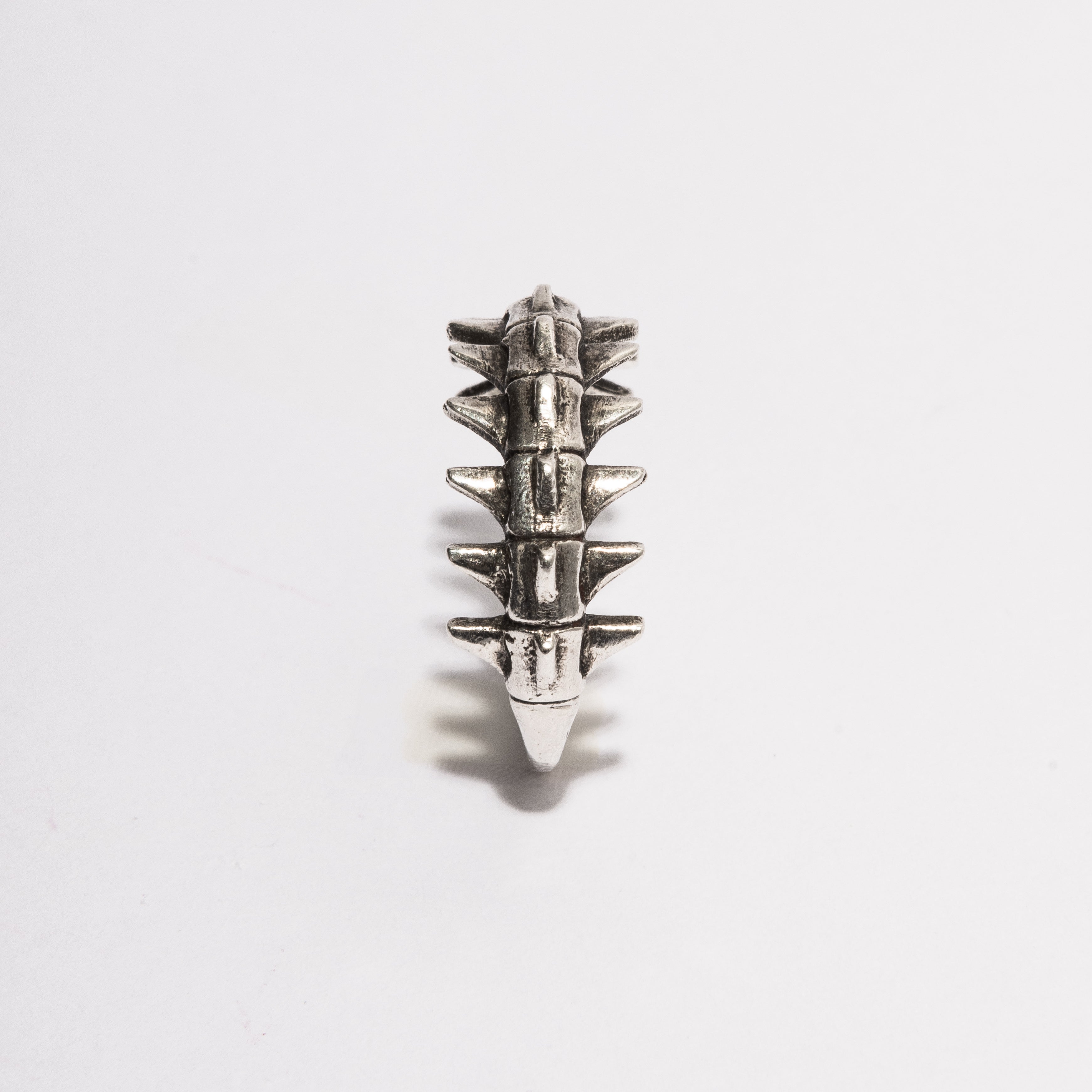 Front view of the Backbone Ring by Sebamakes, sterling silver sculptural ring inspired by human anatomy and bone structure.