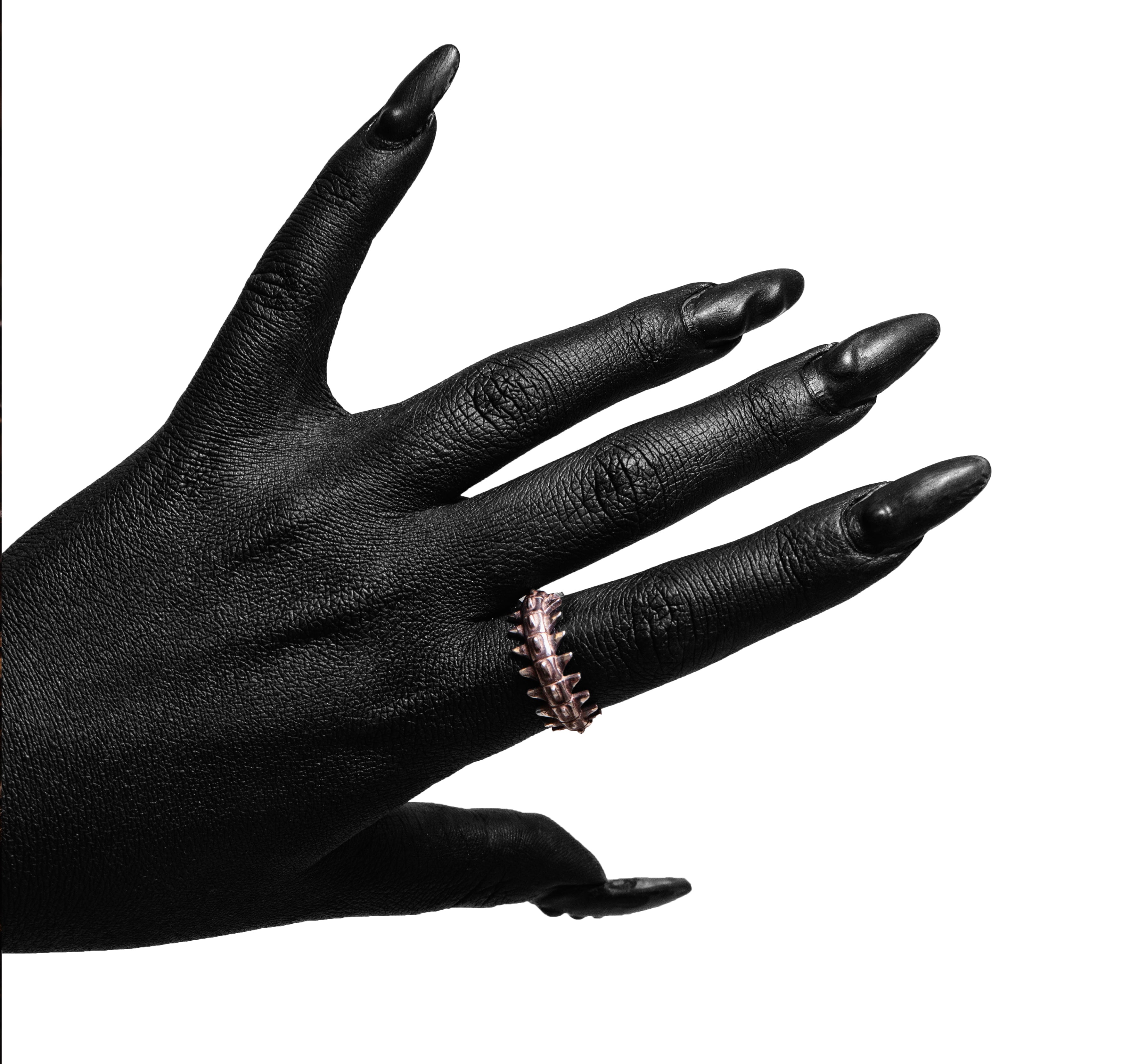 Worn view of the Backbone Ring in sterling silver by Sebamakes, anatomical spine-inspired ring with bold handcrafted design.