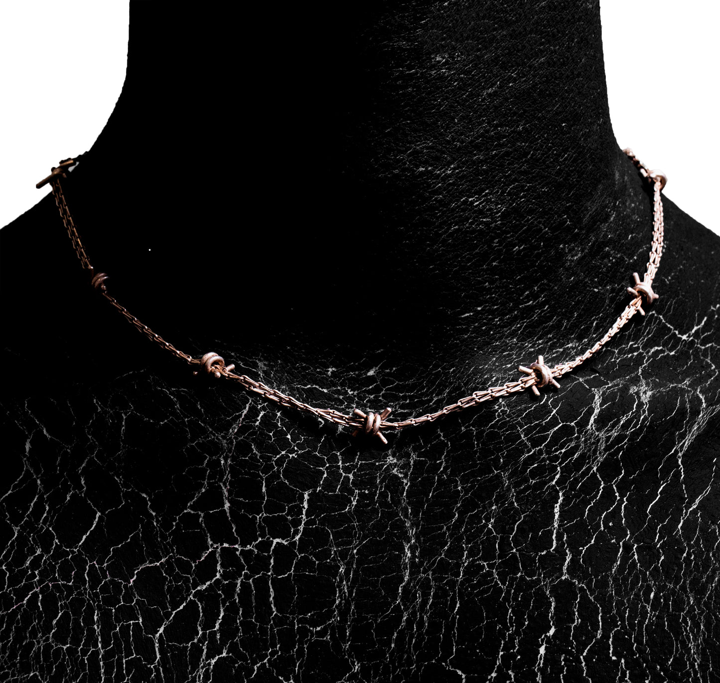 Worn view of the Barbwire Necklace by Sebamakes, handcrafted sterling silver necklace inspired by barbed wire, with raw minimal aesthetic.