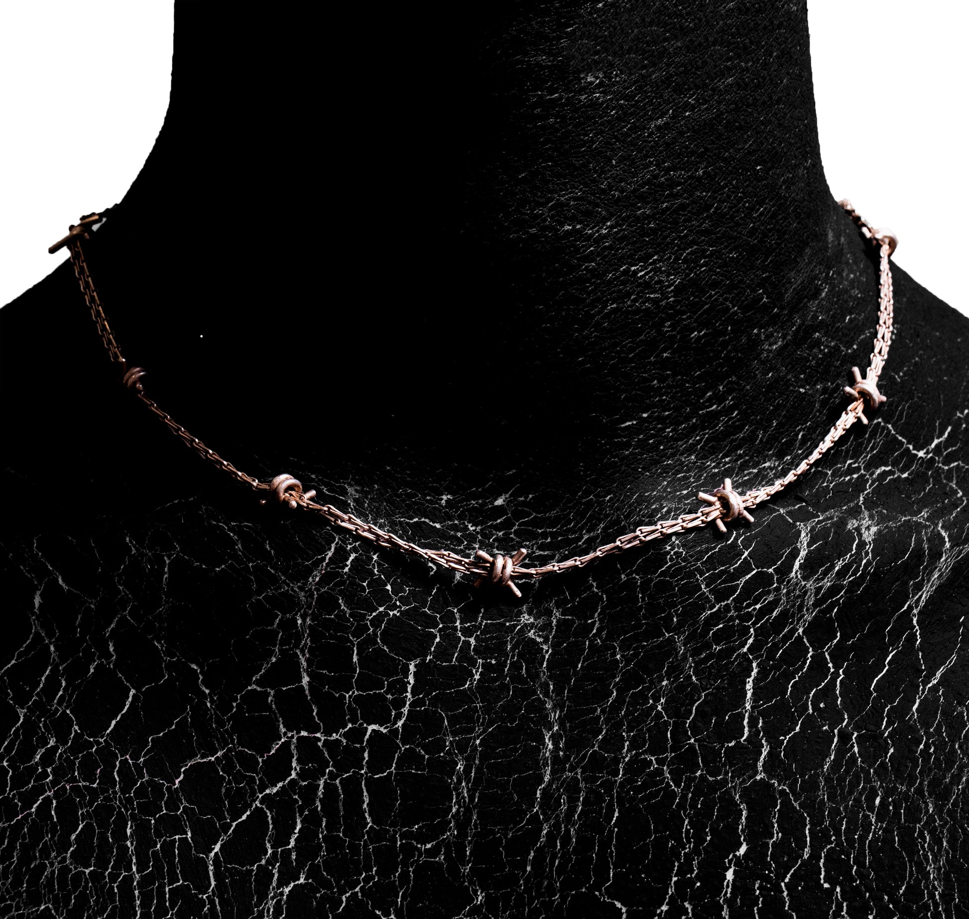 Worn view of the Barbwire Necklace by Sebamakes, handcrafted sterling silver necklace inspired by barbed wire, with raw minimal aesthetic.