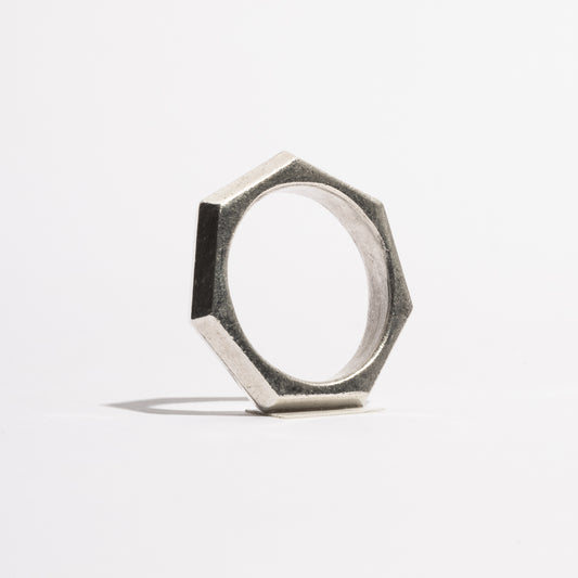 Bolt Silver Ring by Sebamakes, handcrafted sterling silver ring with hexagonal industrial design inspired by a bolt shape, made in Italy.