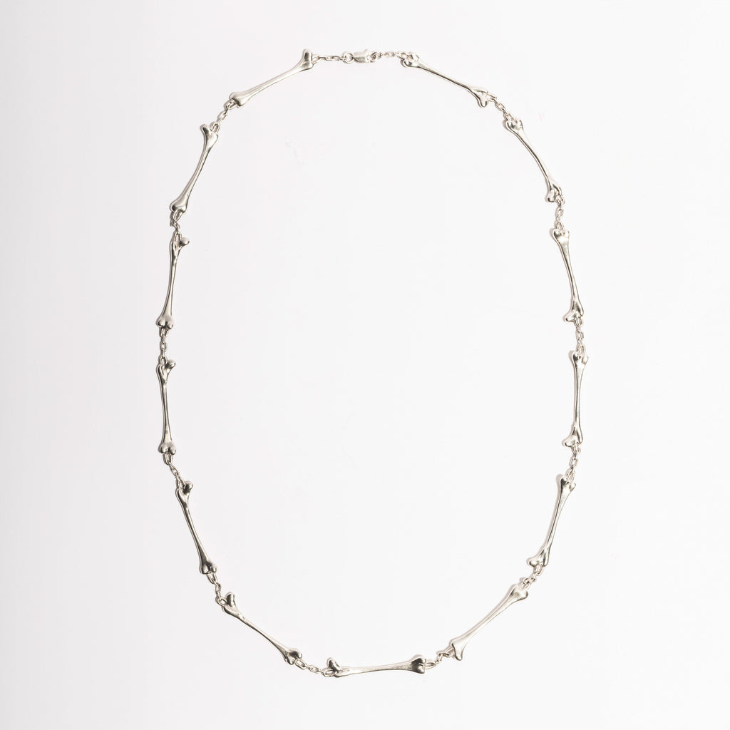 Bone Necklace by Sebamakes, handcrafted sterling silver necklace made of sculptural bone-shaped links, gothic design handcrafted in Italy.