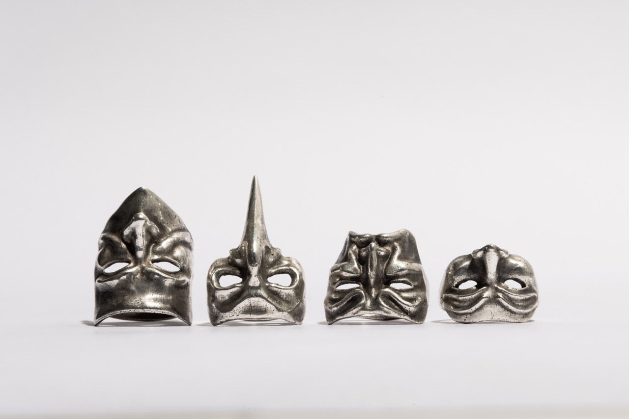 Carnival Mask Rings Collection by Sebamakes, handcrafted sterling silver rings inspired by Venetian Carnival masks – Plague Doctor, Bernardon, Beuta, and Pantalone.