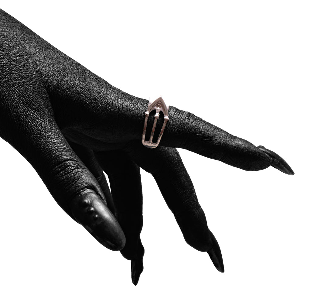 Worn view of the Cathedral Ring by Sebamakes, sterling silver architectural ring with gothic-inspired arches and handcrafted details.