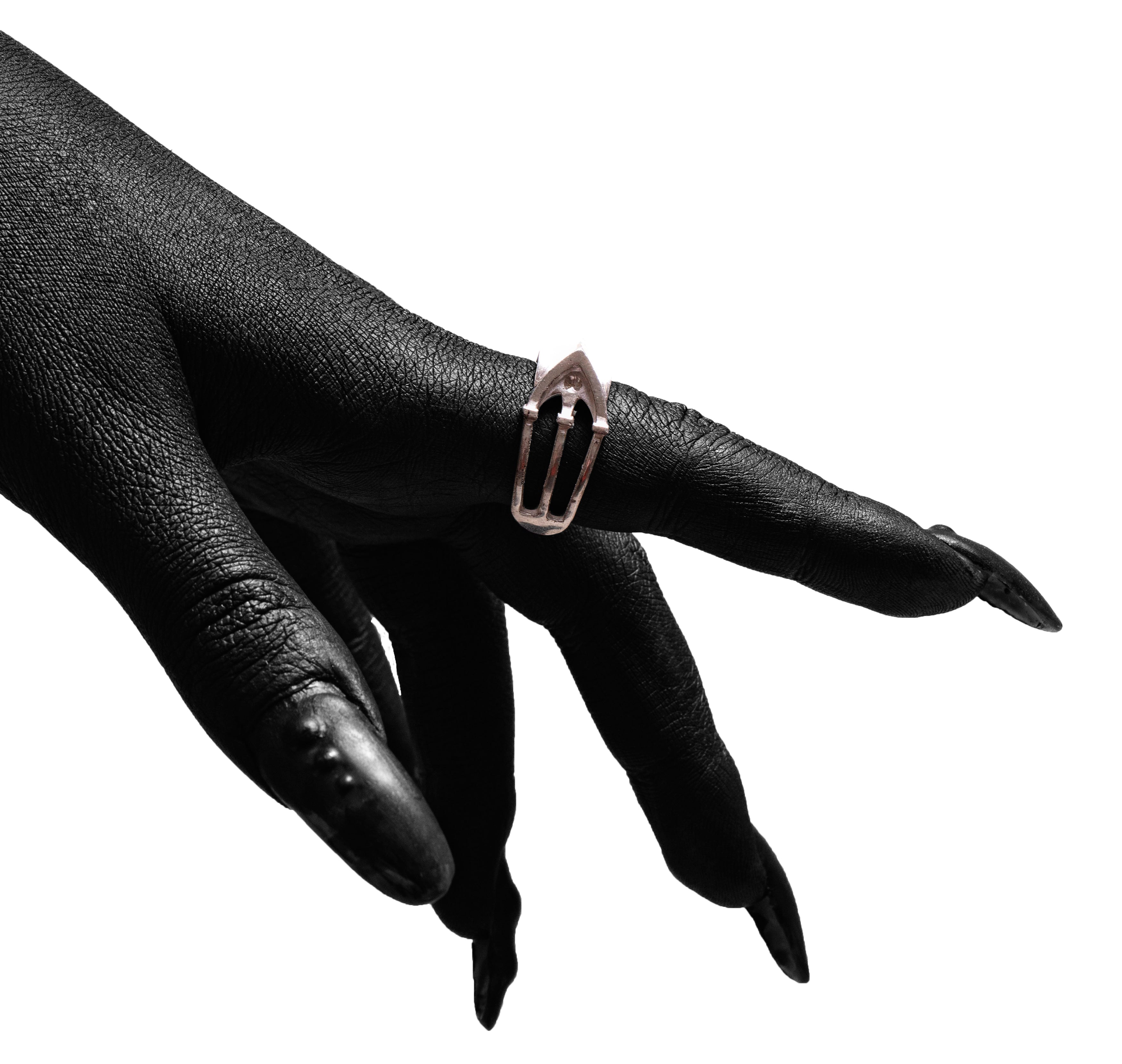 Worn view of the Cathedral Ring by Sebamakes, sterling silver architectural ring with gothic-inspired arches and handcrafted details.