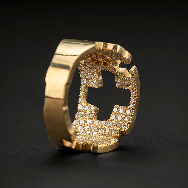 cross ring yellow gold with natural diamonds inspired by geodes