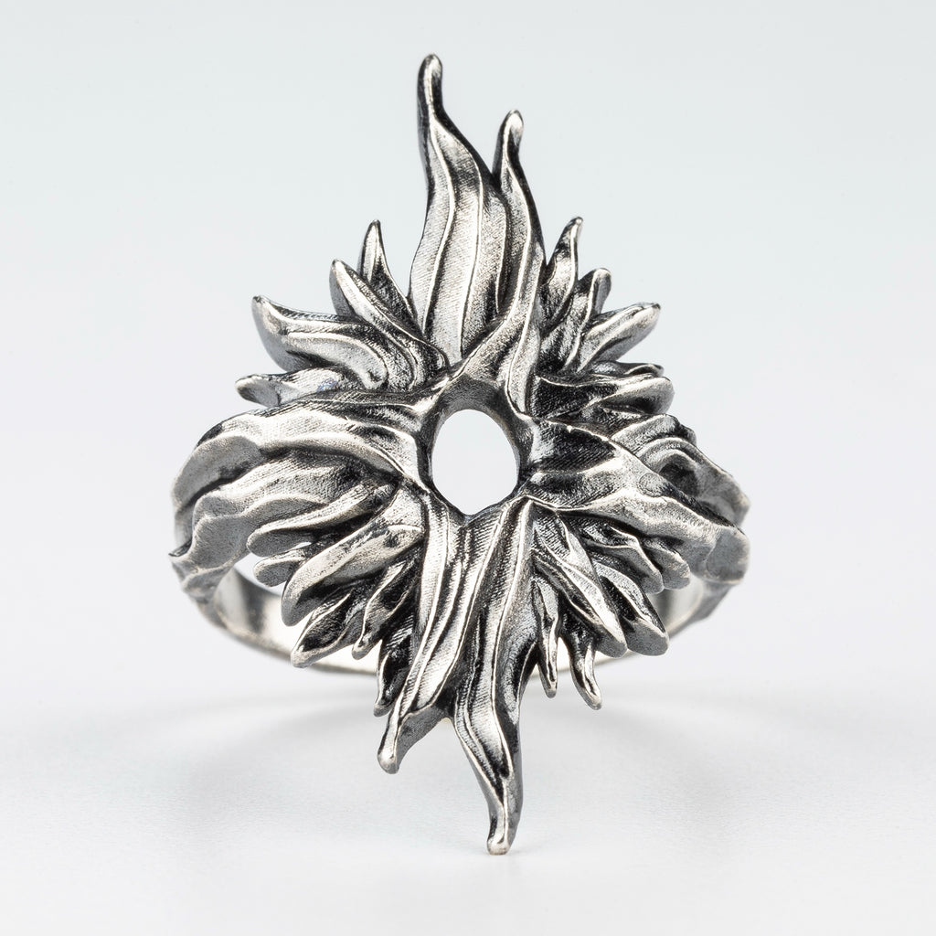 Front view of Dusk Sun Ring gothic sun design in silver