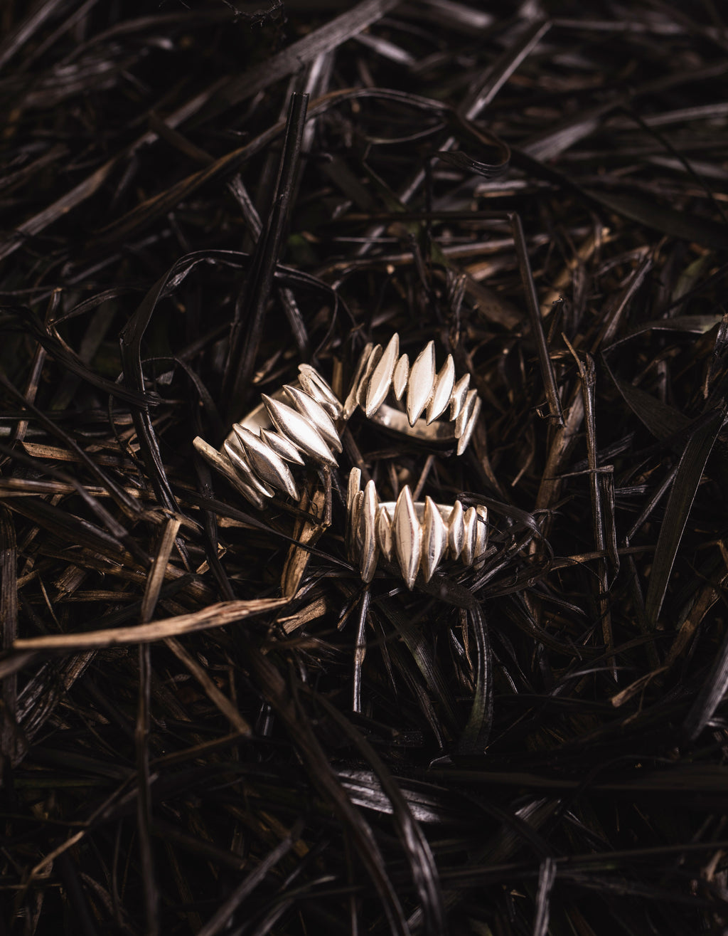 Handcrafted silver Splinter Ring displayed on a dark organic background.