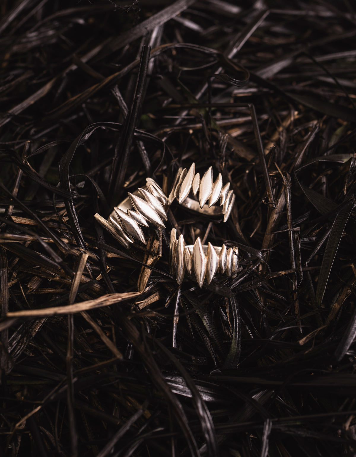 Handcrafted silver Splinter Ring displayed on a dark organic background.