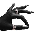 Sterling silver Splinter Ring worn on black painted fingers with long nails.