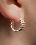 Splinters earrings worn on the earlobe, showing the fit and scale.