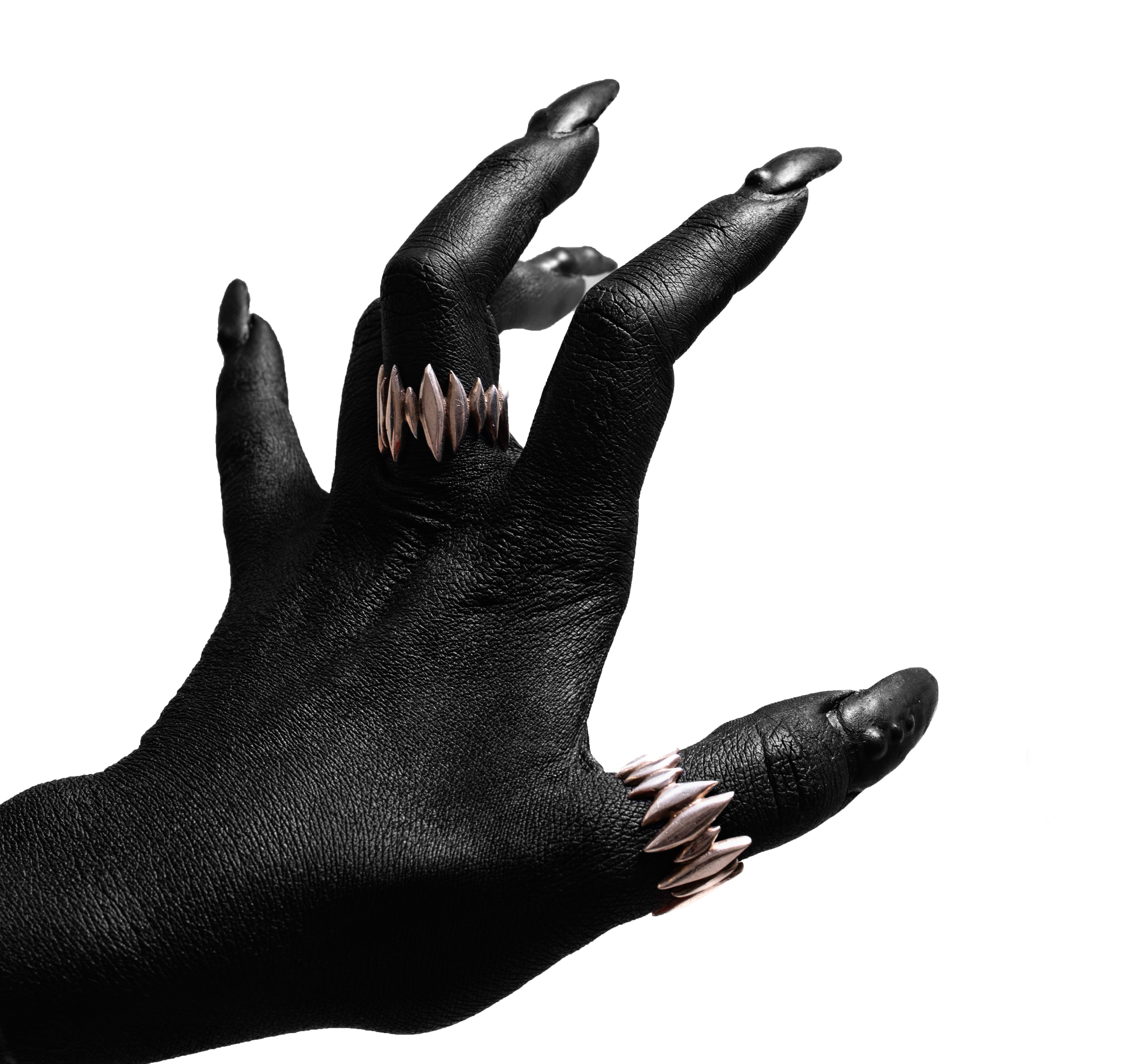 Worn view of the Splinters Ring by Sebamakes, handcrafted sterling silver ring with bold jagged design and sculptural texture.